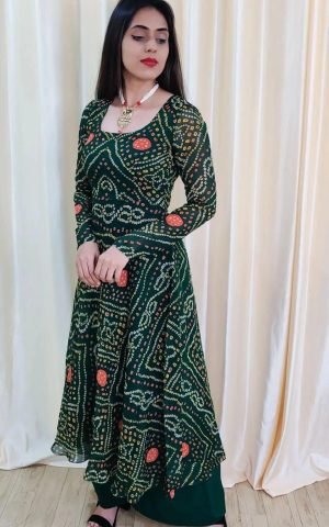 Bottle green Chiffon Bandhani Suit - Suits